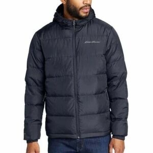 Eddie Bauer Men's Wide Channel Hooded Down Jacket in black. Size M
